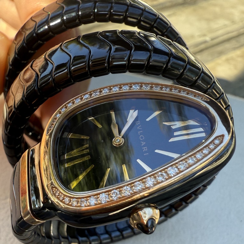 Bvlgari Serpenti Spiga Black Ceramic Rose Gold Diamond Watch 102885