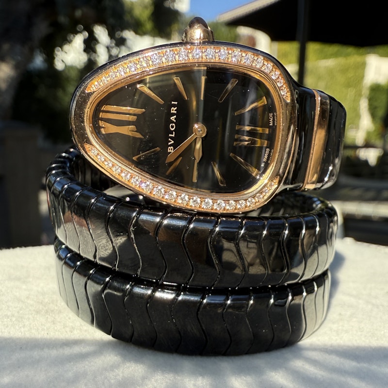 Bvlgari Serpenti Spiga Black Ceramic Rose Gold Diamond Watch 102885