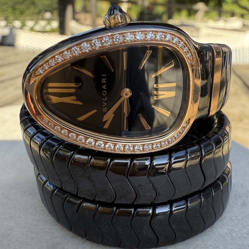 Bvlgari Serpenti Spiga Black Ceramic Rose Gold Diamond Watch 102885