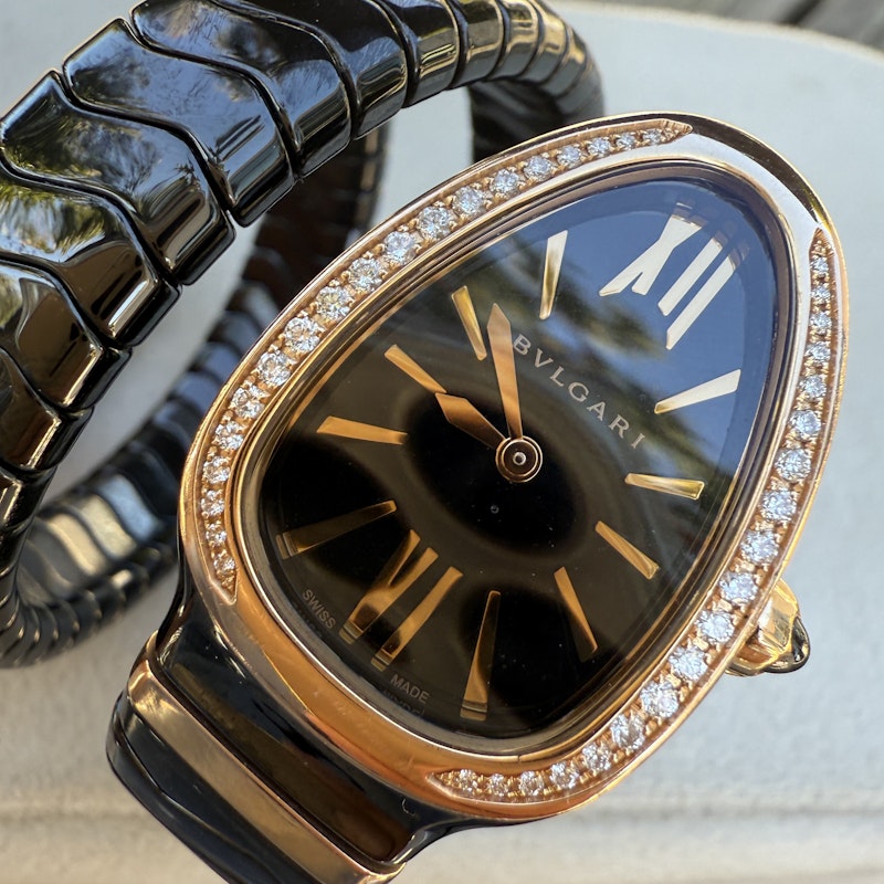 Bvlgari Serpenti Spiga Black Ceramic Rose Gold Diamond Watch 102885
