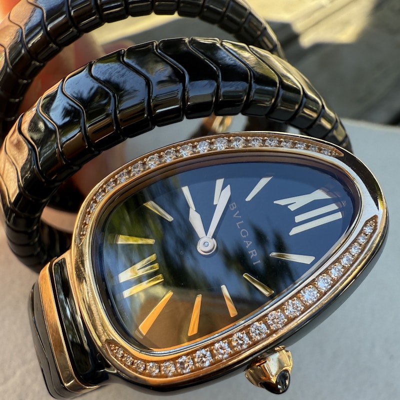 Bvlgari Serpenti Spiga Black Ceramic Rose Gold Diamond Watch 102885