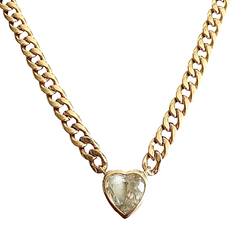 14k Yellow Gold White Sapphire Heart Curb Link Necklace
