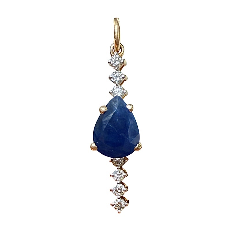 14k Yellow Gold Pear Cut Blue Sapphire and Diamond Pendant