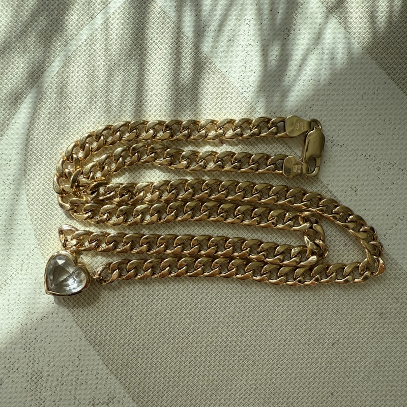 14k Yellow Gold White Sapphire Heart Curb Link Necklace