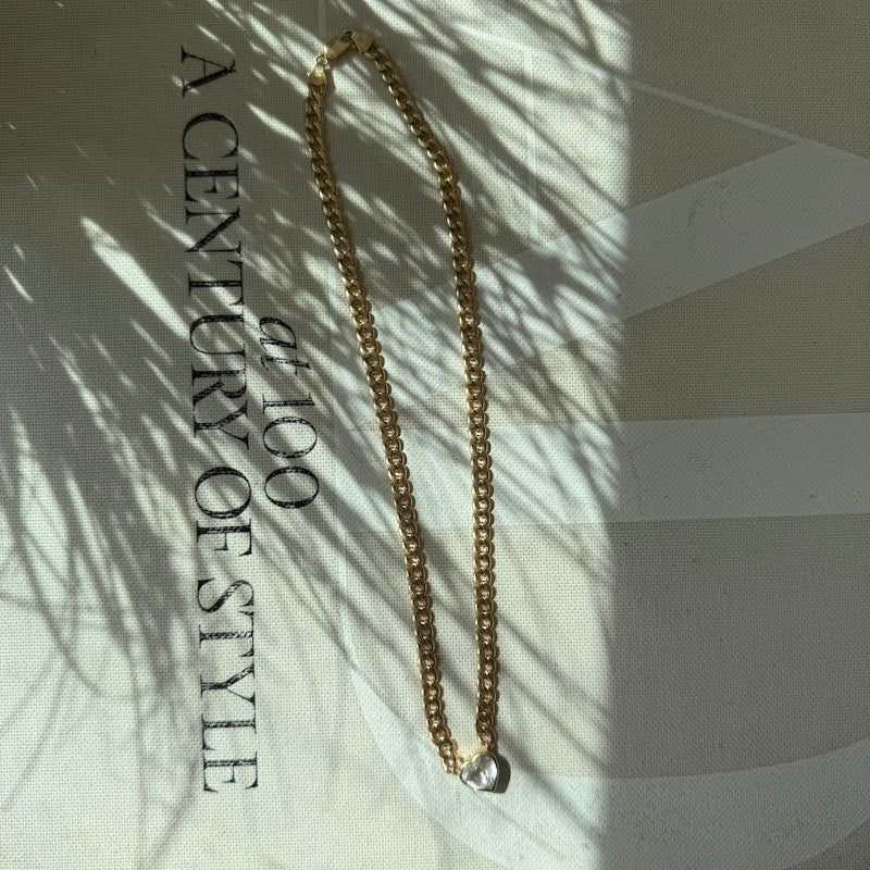 14k Yellow Gold White Sapphire Heart Curb Link Necklace
