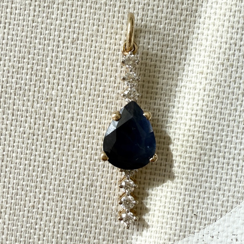 14k Yellow Gold Pear Cut Blue Sapphire and Diamond Pendant
