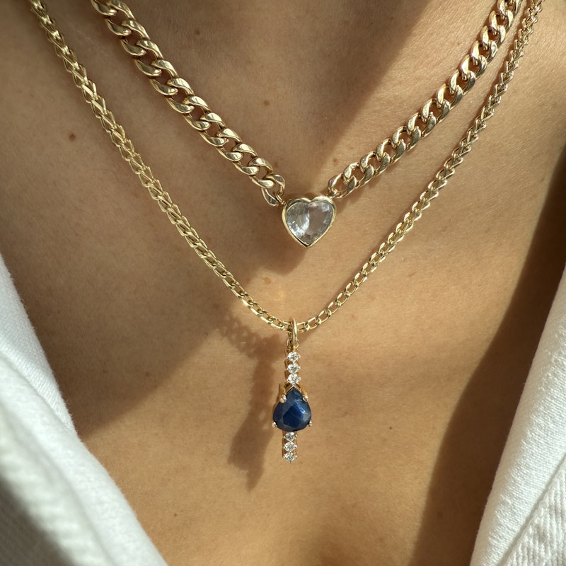 14k Yellow Gold Pear Cut Blue Sapphire and Diamond Pendant