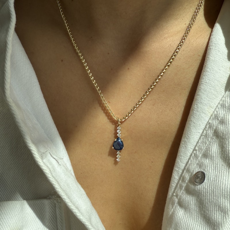 14k Yellow Gold Pear Cut Blue Sapphire and Diamond Pendant