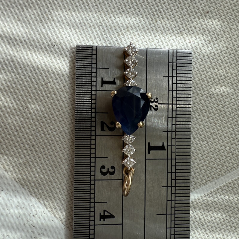 14k Yellow Gold Pear Cut Blue Sapphire and Diamond Pendant