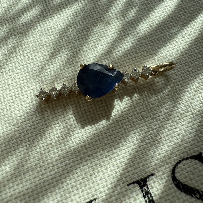 14k Yellow Gold Pear Cut Blue Sapphire and Diamond Pendant