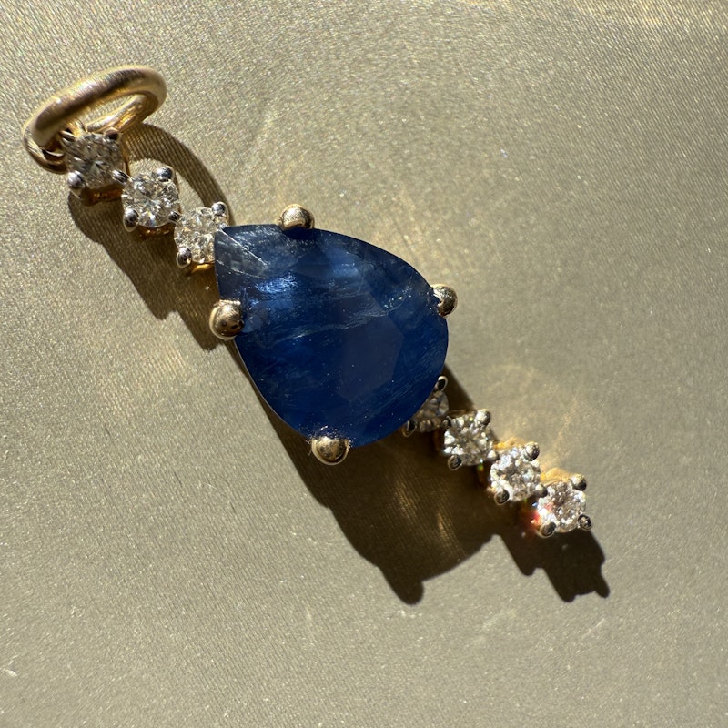 14k Yellow Gold Pear Cut Blue Sapphire and Diamond Pendant