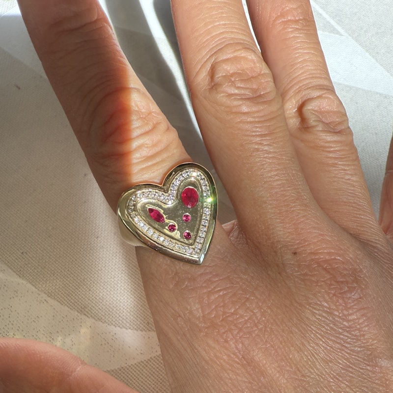 14k Yellow Gold Ruby and Diamond Heartburst Ring
