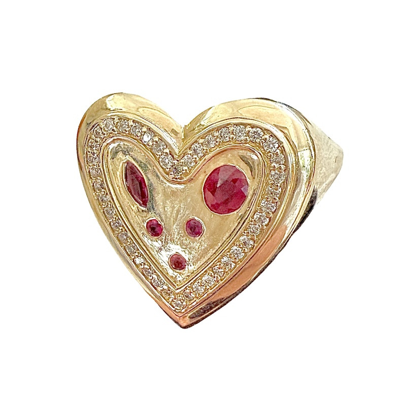 14k Yellow Gold Ruby and Diamond Heartburst Ring
