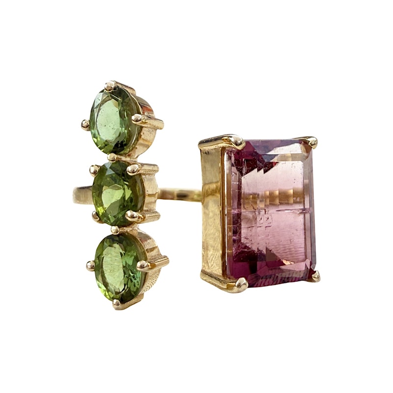 14k Yellow Gold Pink & Green Tourmaline Toi et Moi Cuff Ring