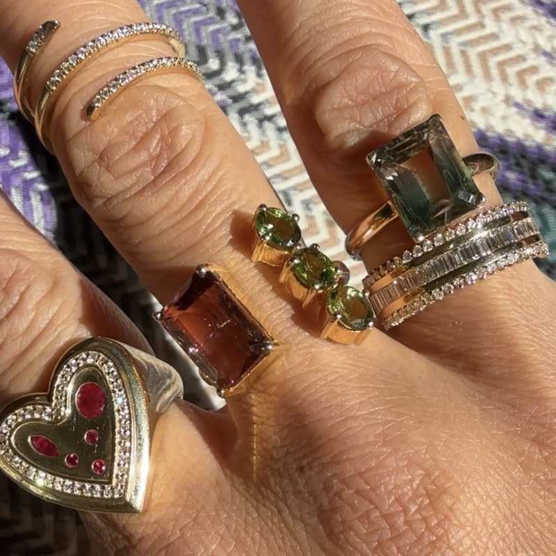 14k Yellow Gold Pink & Green Tourmaline Toi et Moi Cuff Ring
