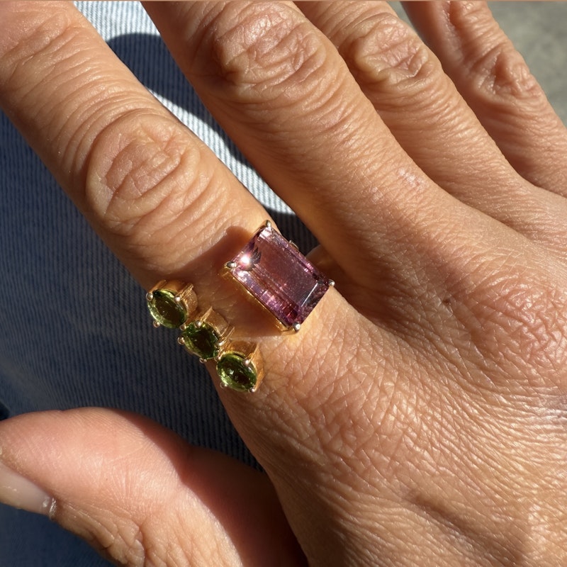 14k Yellow Gold Pink & Green Tourmaline Toi et Moi Cuff Ring