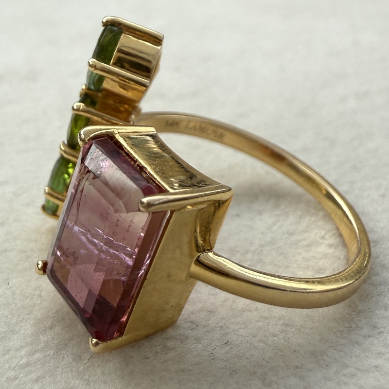 14k Yellow Gold Pink & Green Tourmaline Toi et Moi Cuff Ring