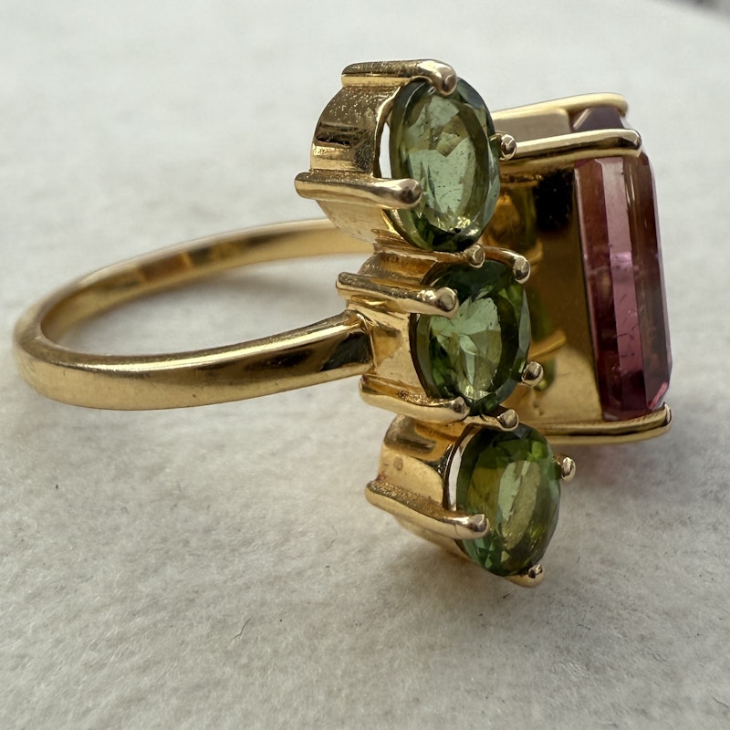 14k Yellow Gold Pink & Green Tourmaline Toi et Moi Cuff Ring