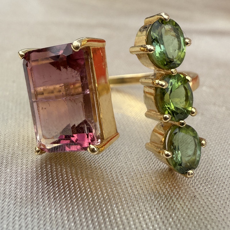 14k Yellow Gold Pink & Green Tourmaline Toi et Moi Cuff Ring