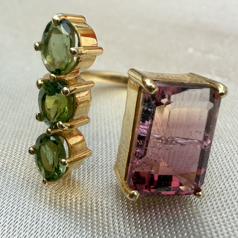14k Yellow Gold Pink & Green Tourmaline Toi et Moi Cuff Ring