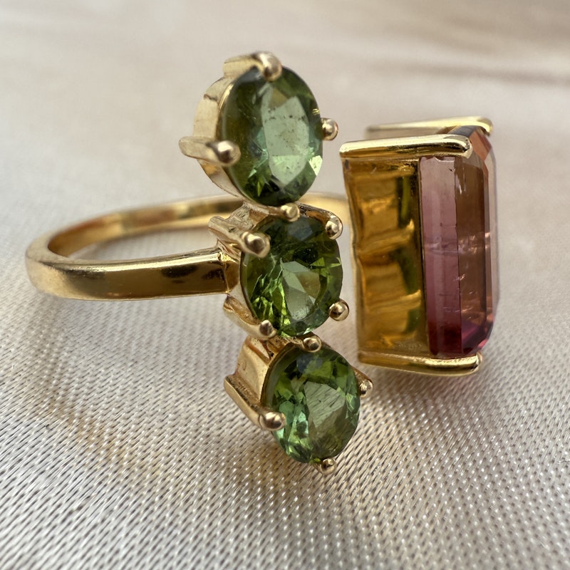 14k Yellow Gold Pink & Green Tourmaline Toi et Moi Cuff Ring