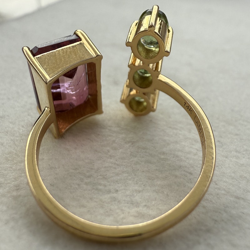 14k Yellow Gold Pink & Green Tourmaline Toi et Moi Cuff Ring