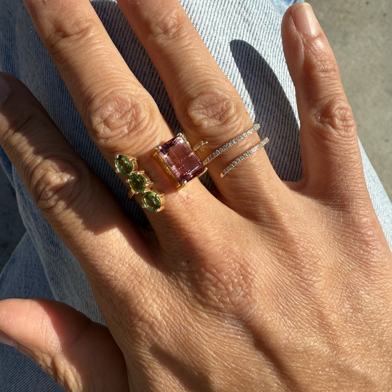 14k Yellow Gold Pink & Green Tourmaline Toi et Moi Cuff Ring