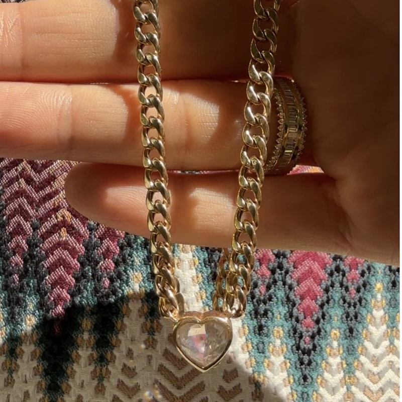 14k Yellow Gold White Sapphire Heart Curb Link Necklace