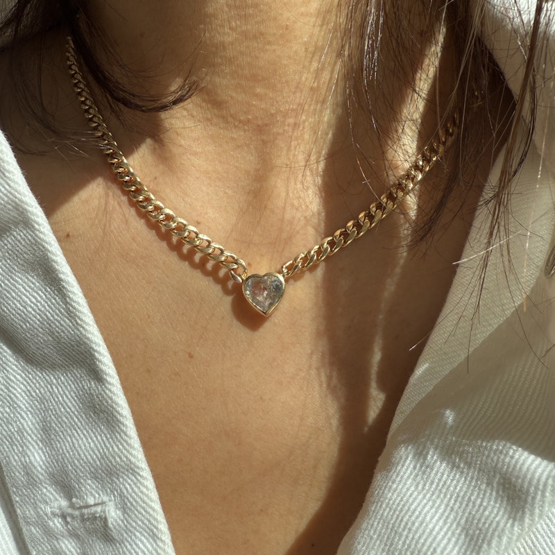 14k Yellow Gold White Sapphire Heart Curb Link Necklace