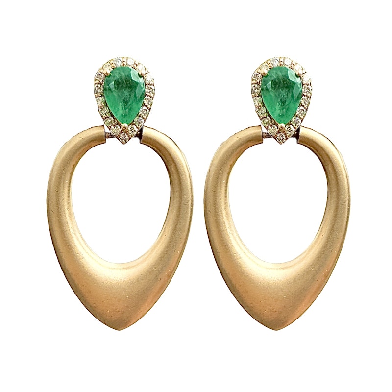 14k Brushed Yellow Gold Pear Emerald and Diamond Earrings