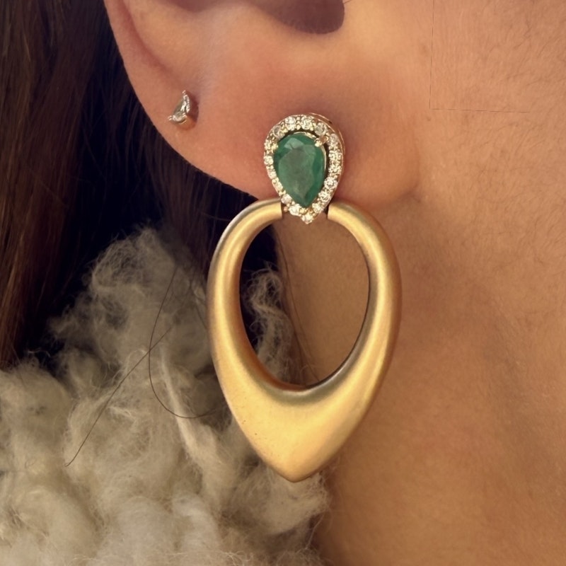 14k Brushed Yellow Gold Pear Emerald and Diamond Earrings