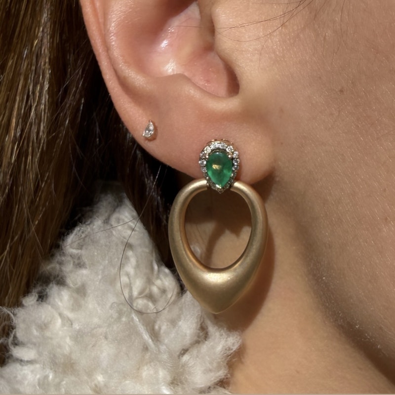 14k Brushed Yellow Gold Pear Emerald and Diamond Earrings