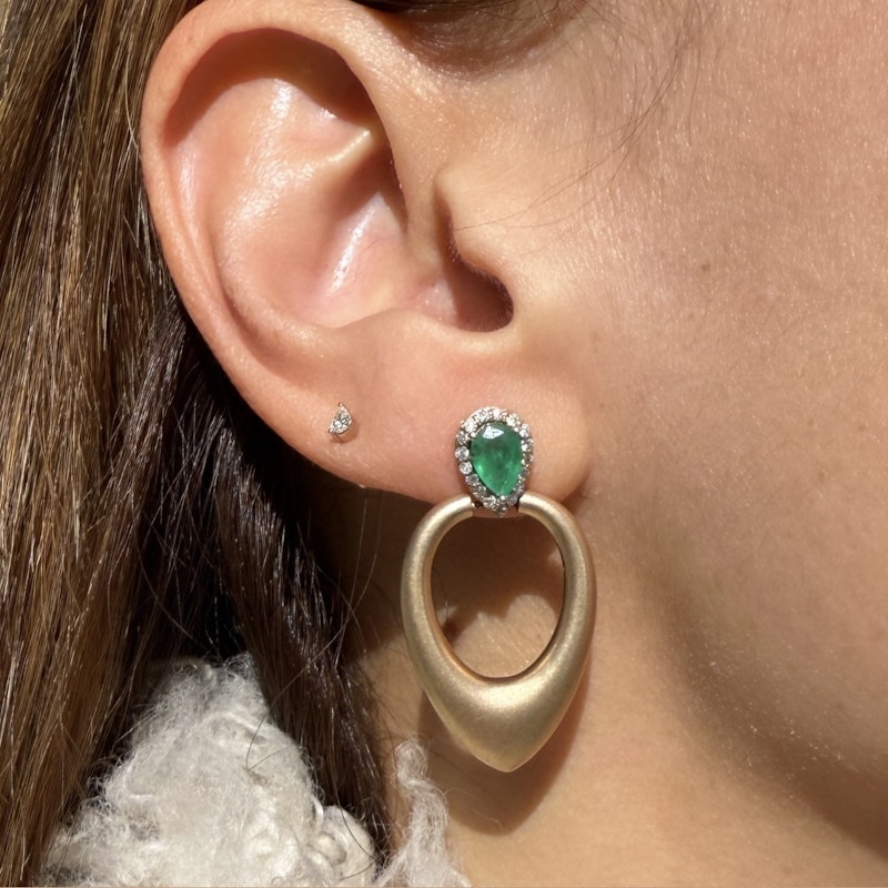 14k Brushed Yellow Gold Pear Emerald and Diamond Earrings