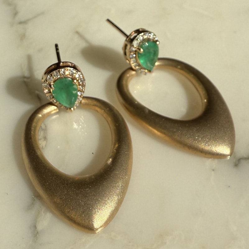 14k Brushed Yellow Gold Pear Emerald and Diamond Earrings