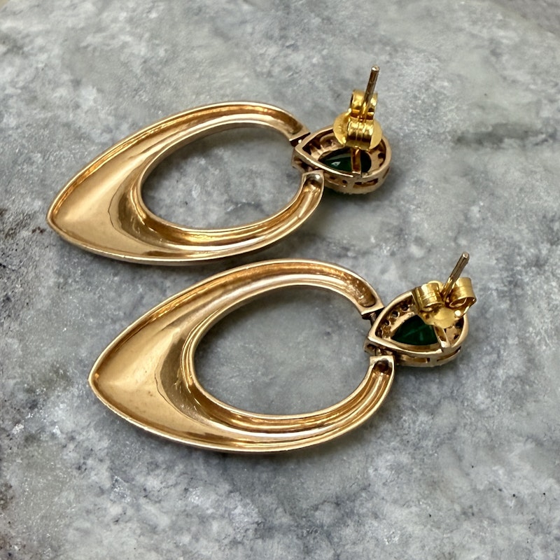 14k Brushed Yellow Gold Pear Emerald and Diamond Earrings
