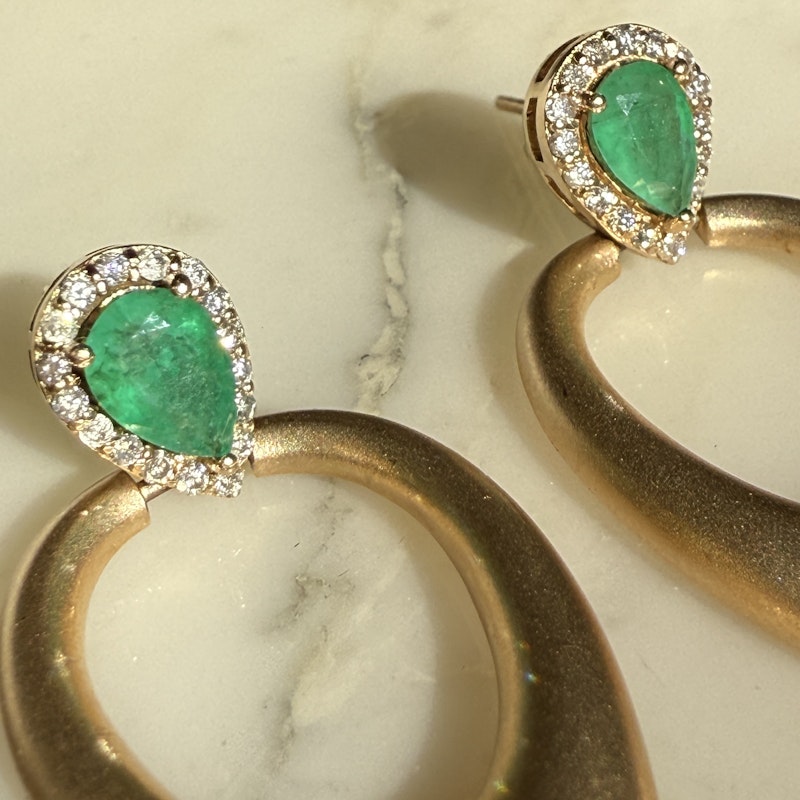 14k Brushed Yellow Gold Pear Emerald and Diamond Earrings