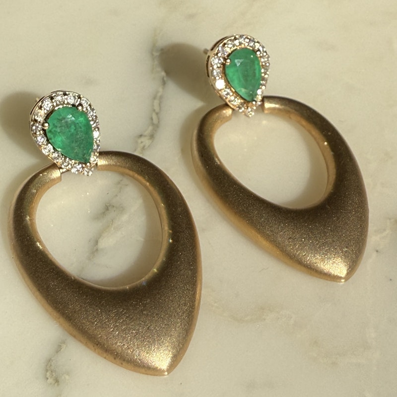 14k Brushed Yellow Gold Pear Emerald and Diamond Earrings