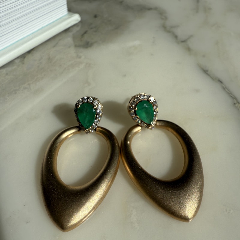 14k Brushed Yellow Gold Pear Emerald and Diamond Earrings