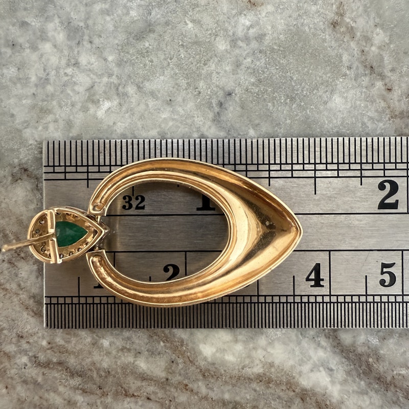 14k Brushed Yellow Gold Pear Emerald and Diamond Earrings