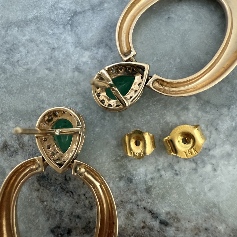 14k Brushed Yellow Gold Pear Emerald and Diamond Earrings
