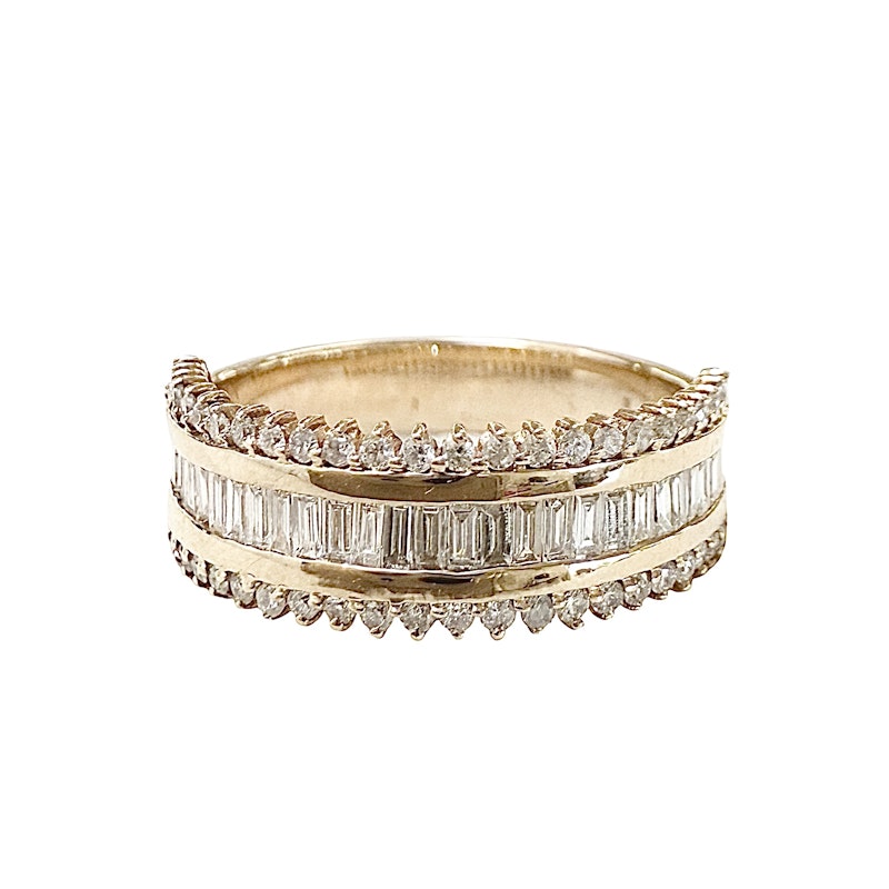 14k Yellow Gold Round and Baguette Diamond Row Ring