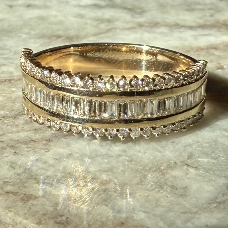 14k Yellow Gold Round and Baguette Diamond Row Ring