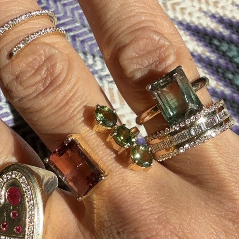 14k Yellow Gold Round and Baguette Diamond Row Ring