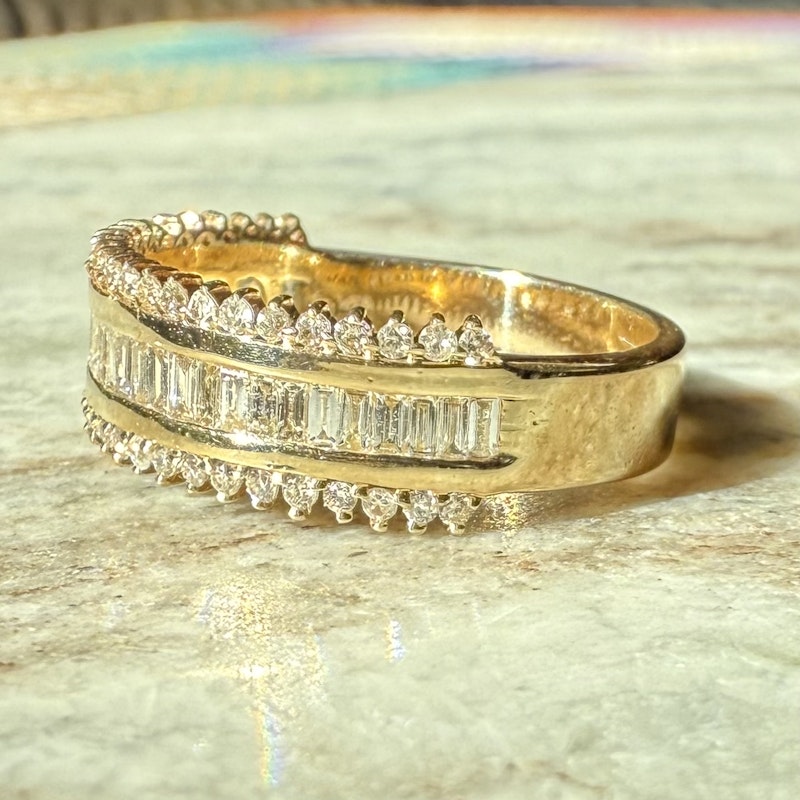 14k Yellow Gold Round and Baguette Diamond Row Ring