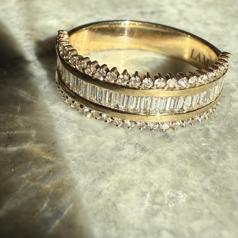 14k Yellow Gold Round and Baguette Diamond Row Ring