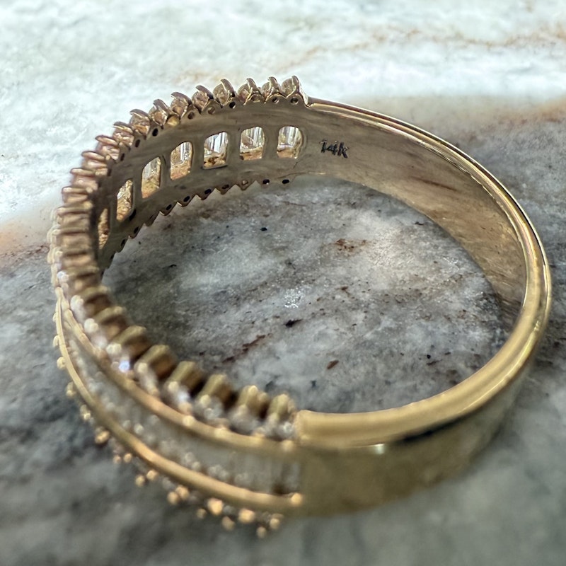 14k Yellow Gold Round and Baguette Diamond Row Ring