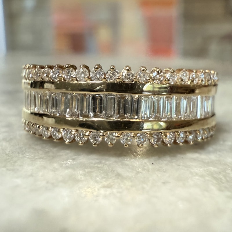 14k Yellow Gold Round and Baguette Diamond Row Ring