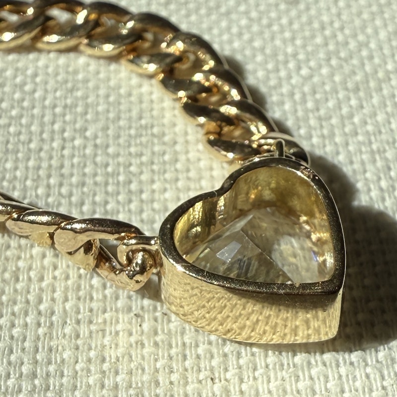 14k Yellow Gold White Sapphire Heart Curb Link Necklace