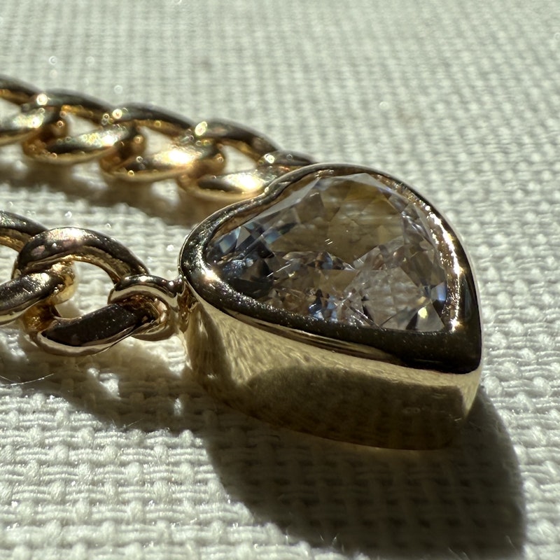 14k Yellow Gold White Sapphire Heart Curb Link Necklace