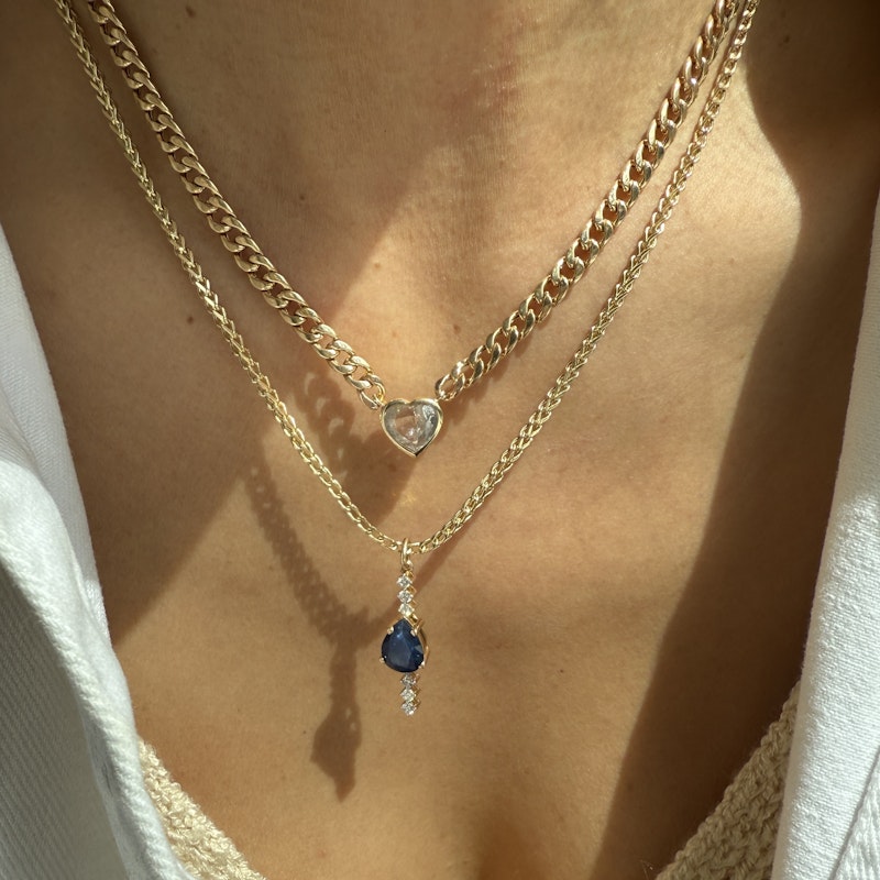 14k Yellow Gold White Sapphire Heart Curb Link Necklace